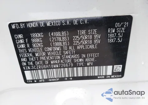 2021 Honda Hr-V Awd Sport z USA, uszkodzony, nr VIN 3CZRU6H18MM726679